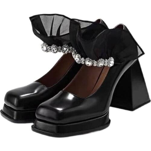 Black Lace Rhinestone Buckle Vintage Mary Jane Shoes Women super High Thick Heels Square Toe Pumps Women 2021 INS Hot FT1509