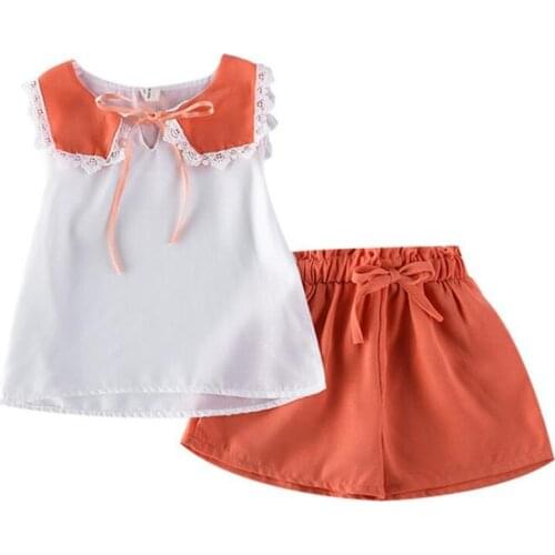 DFXD Toddler Girl Clothing Sets Summer Fashion Sleeveless Lace Collar Shirts+Short Pants Korean Baby Two Piece Kids Clothes 2-7T