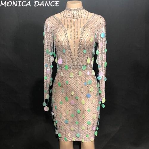 Women Sexy Stage Net Yarn Short Dress Bling Sparkling Crystals Nightclub Party Stage Dance Wear Dancer Singer Costumes Dress