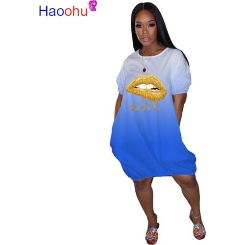 HAOOHU Women Gradient Print O-neck Short Sleeve Loose Casual Dress Fashion Streetwear MINI Dresses Vestidos
