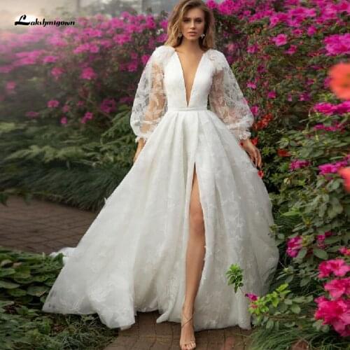 Lashmigown Puff Sleeve Arabic Women Lace Wedding Gowns V-neck Side Split Dubai Princess Bridal Wedding Dress 2021 Bruidsjurken
