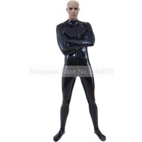 Black latex suit unitard sexy zentai catsuit overall front zipper rubber bodysuit feet socks gloves attatched plus size S-LCM079