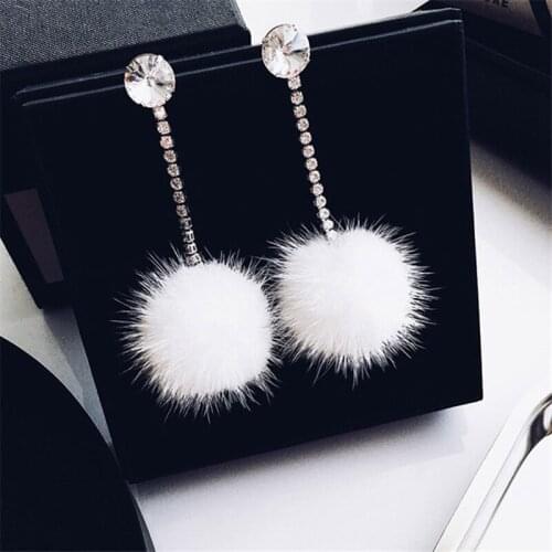Cute Rabbit Fur Ball PomPom Long Tassel Earrings Crystal Chain Women Girls Temperament Dangle Earring Jewelry
