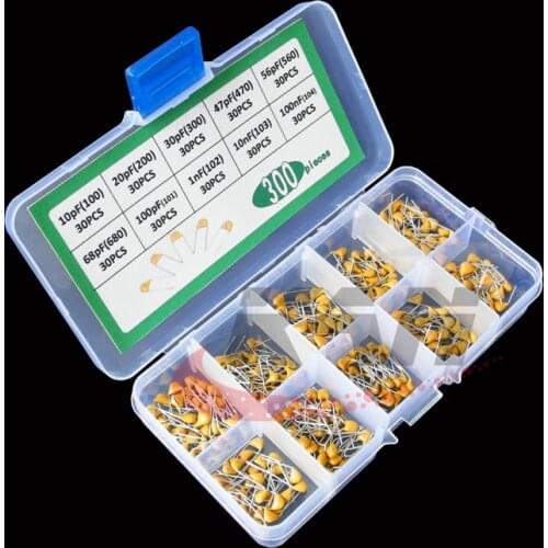 300pcs 10Value 50V 10pF 20pF 30pF 47pF 56pF 68pF 100pF 1nF 10nF 100nF Multilayer Ceramic Capacitor Assortment Kit