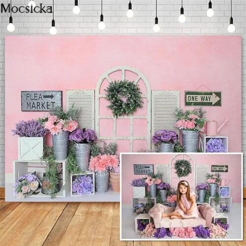 Mocsick Spring Flea Market Flower Shop Photography Backdrops Pink Girl Cake Smash Photo Booth Background For Photo Studio Props