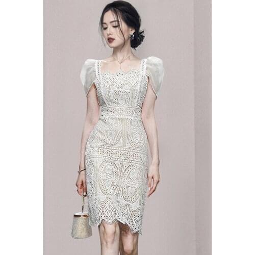 KoukiMa 2021 Fashion Summer Women Dress French Style Chic Puff Sleeve Slim Dresses Lace Hollow Out Office Dress Mujer Clothing