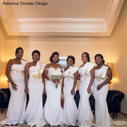 Fashion Gold Applique Lace Bridesmaid Dresses White Mermaid Sweep Train Long Wedding Party Dress For Women Maid Of Honor