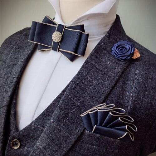 Free Shipping New 2018 male mens man collar Korean Double-layered groom bow tie brooch pocket towel 3 pcs set dress wedding