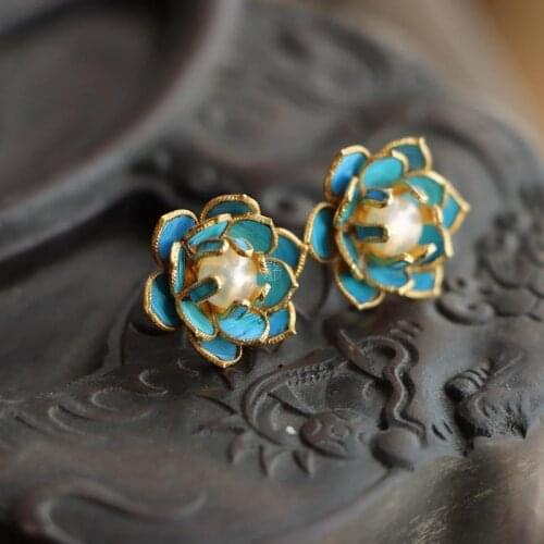 2020 new original Jingtai blue imitation point of the Palace Lotus earrings natural pearl earrings anti-allergic ancient wind