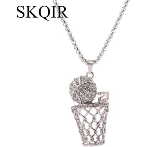 Vintage Basketball Pendant Necklace Clear Cubic Zirconia Basketball Basket KEBI Stainless Steel Chain Necklace Women Men Gift