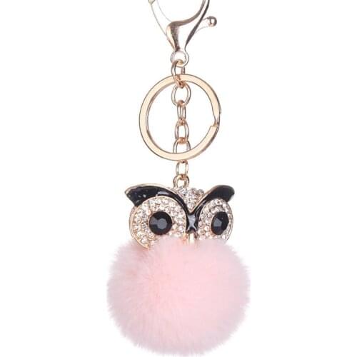 Pompom Keychain Trendy Animal Shape Rhinestone Faux Fur Ball Owl Bag Pendant Womens Keychain Car Keyring Key Ring Hanging Decor