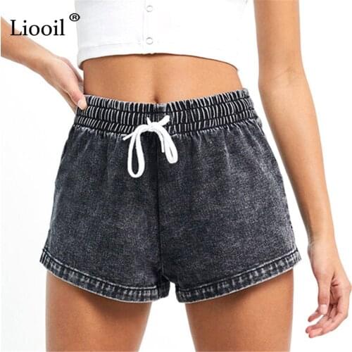 Liooil Cotton Mid Waist Straight Jean Shorts Women Rave Clothes 2021 Summer Streetwear Drawstring Black Blue Sexy Denim Shorts