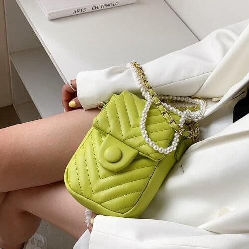 V-line Quilting PU Leather Mini Crossbody Bag Shoulder for Women 2021 Summer Trends Purses and Handbags Chain Beading Daily Use