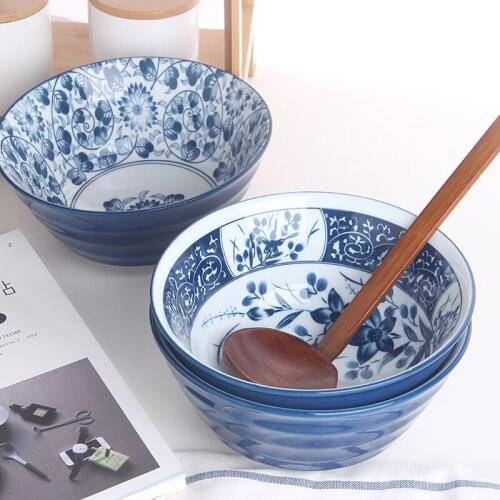 7 inch Japanese Ramen Bowl Ceramic Noodle Bowl Lotus Orchid Design Large Bowl Creative Restaurant Household Retro Soup Bowl