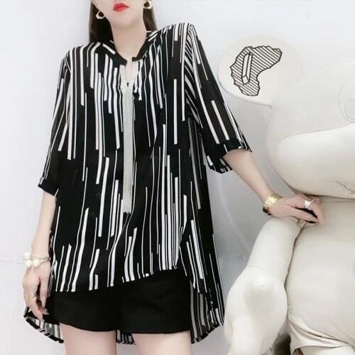 Europe Station 2021 Summer New Fashion Large Size Stripe Printing V-Collar Fringed Short Sleeve Shirt Female Women Blouse