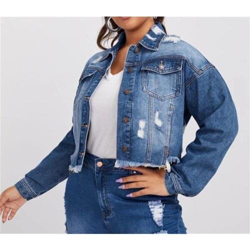 2021 fall/winter womens new dark large size ripped denim jacket lapel jacket