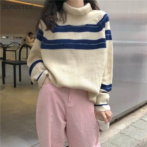 Sweaters Womens Turtleneck Patchwork Loose Warm Windproof Student All-match Leisure Knitting Korean Style Fashion Autumn Daily