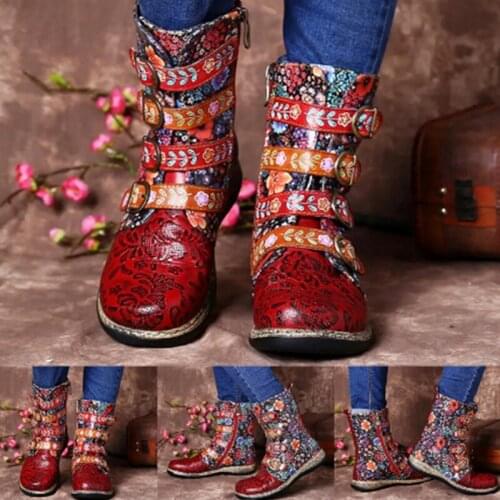 Ankle Boots for Women Vintage Floral Printed Winter Boots Women PU Leather Boots Buckle Female Shoes Non-slip Rubber Boots