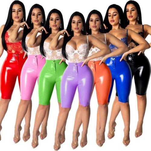 2019 New Women Summer Bright Faux Leather Skinny Knee Length Pants Active Wear Casual PU Zipper Fly Trousers 8color S-2XL