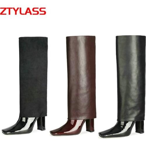 Sexy Patent Leather Women Knee High Boots Fashion Splicing Square Toe Long Boots Autumn Winter Thick High Heel Shoes Woman