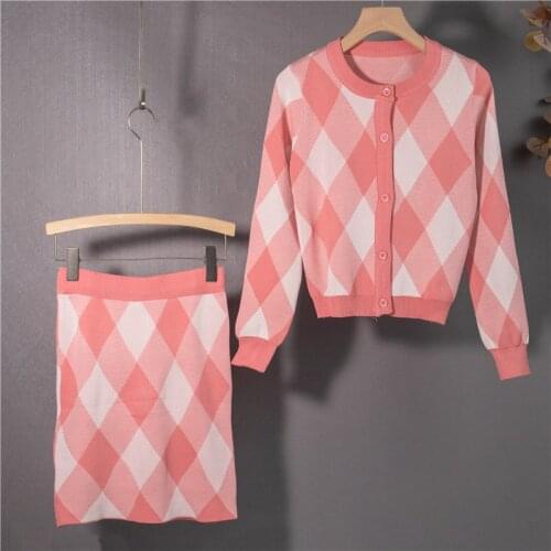 WTIANYUW 2021 New Summer Autumn Women Sets 2 Piece Outfit Matching Skirt High Waist Vintage Argyle Elegant Knitted Suit