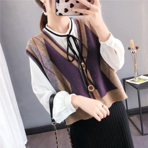 Cardigan Vest Women Knit Autumn Winter New Korea Loose Check Sleeveless Waistcoat Sweater Vest Jacket College Style y2k tops
