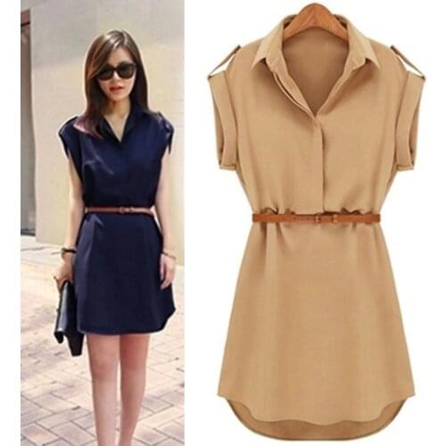 New Womens Cap Sleeve Stretch Chiffon Casual OL Belt Shirt Mini Dress With Belt M L XL XXL