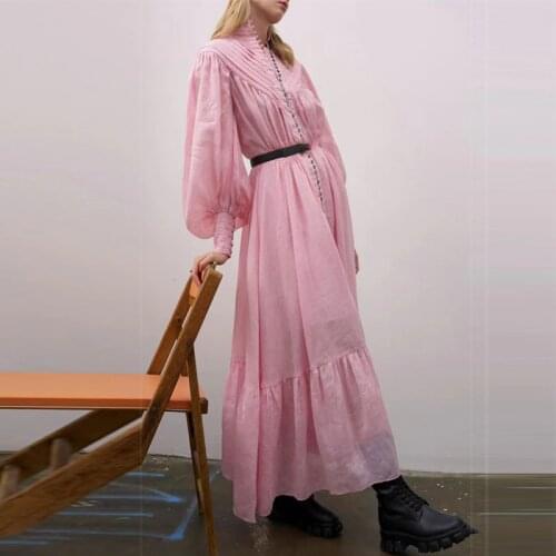 2021 Summer Designer Fashion Design 100% Cotton Dress Pink Hand-pulled Lantern Sleeve Vintage Elegant Ladies Blue Dresses