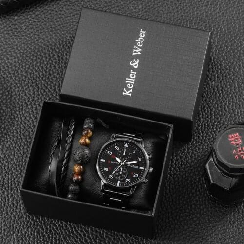 2021 Men Gift Set Fashion Sport Stainless Steel Quartz Watches Bead Bracelet Male Business Wristwatch Suit with Box for Husband