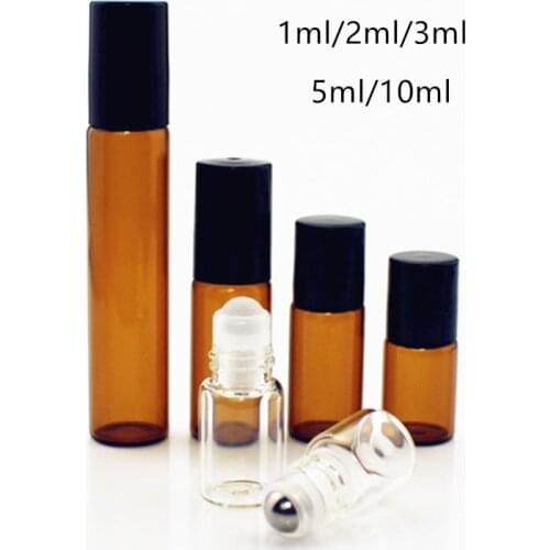 5pcs/lot 1ml 2ml 3ml 5ml 10ml Amber Glass Roll on Bottle with Glass/Metal Ball Brown Thin Glass Roller Essential Oil Vials