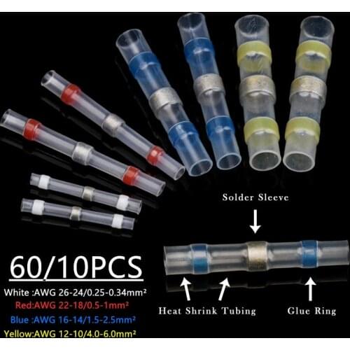 60/10pcs Solder Seal Wire Connectors Heat Shrink Solder Butt Connectors Kit Automotive Marine Insulated Solder Connector