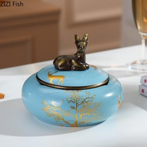 White Ceramics High Temperature Resistance Resin Golden Deer Living Room Desk Office Desk Ash Storage Tray Box Nordic Home Decor