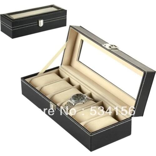 Free shipping Glass surface can fit into a 6 watches luxurious leather watch box black jewelry box8*30*11cm