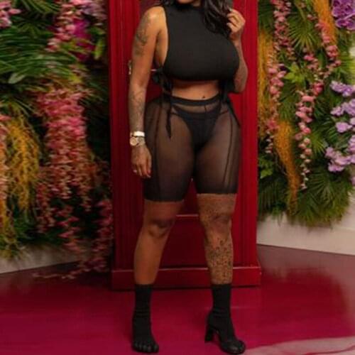 BKLD Fashion Casual Streetwear Mesh Sheer Shorts Set High Neck Sleeveless Side Lace-up Crop Top + High Waist Stripe Shorts 2021