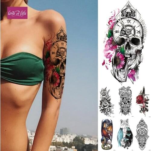 Daisy Clock Skull Temporary Tattoo Sticker Flash Waterproof Tattoos Mermaid Fox Demon Body Art Arm Fake Sleeve Tatoo Women M