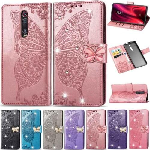 For Redmi Note 7 K20 Pro Glitter Bling 3D Butterfly Embossing PU Leather Wallet Case For Redmi 7 6 6A 6 Pro Flip Holder Cover