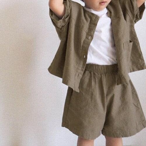 2021 Korean childrens summer wear new fashion loose imitation cotton linen retro foreign gas shirt shorts kids clothes boys