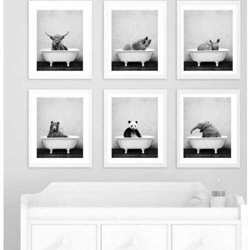 Baby Animal in Bathtub Toilet Poster Panda Giraffe Elephant Lion Canvas Painting Nursery Wall Art Nordic Picture Kid Room Decor