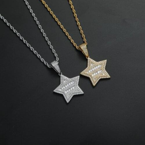 Prong Setting Bling Bling Zircon Necklace CZ Star Brass Pendants Men Hip Hop Jewelry CN357