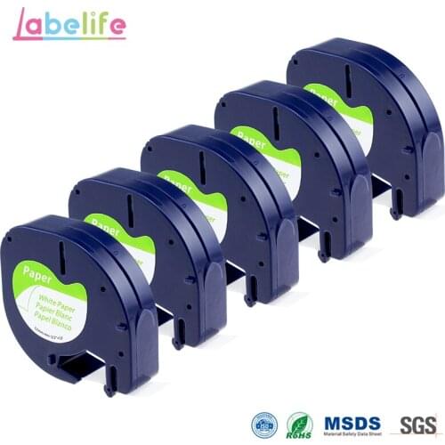 Labelife 5 Pack DYMO LetraTag Label Tape 91200 Black on White Paper 12mm LT 91200 Marker Ribbons 91330 for DYMO label Printer