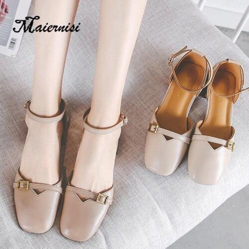 MAIERNISI Low Heels Sandals Women Ankle Strap Shoes Female Plus Size 33-43 Pumps Heels Women Shoes New Daily Casual Sandals