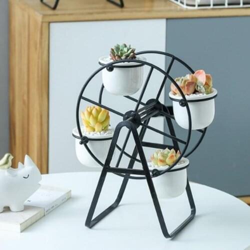 Ferris Wheel Shaped Planter Succulent Plant Metal Display Stand with 4 Ceramic Flower Pot