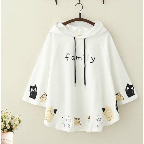 Cute Autumn Winter Vintage Hoodies Women Cotton Hooded Womens Sweatshirt Cute Cat Print Hoody Female Casual Japan Hoodies Girl