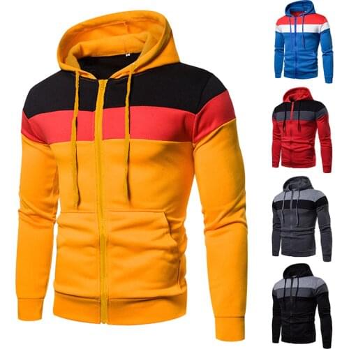Mens Hooded Sweatshirt Long Sleeve Patchwork Sports Cardigan Hoodies Casual Zipper Slim Type Tops with Pocket