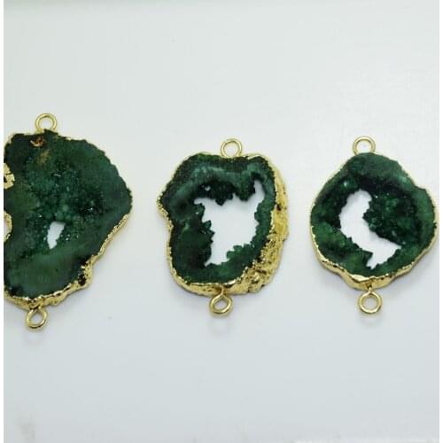 Raw crystal stone druzy necklace connector hole green slice quartz big chakras gold plating jewelry spiritual pagan talisman