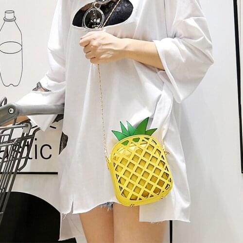 PGOLEGGY PU Cute Handbag Women Lovely Pineapple Bag with Chain Hollow Out Mini Fruit Handbags for girls Small square package