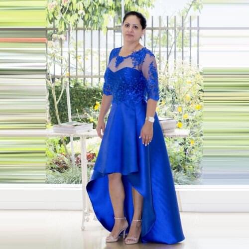 2020 Royal Blue Mother Of The Bride Dresses Sheer Half Sleeves Appliques High Low Round Neck Bridal Guest Women Long Gowns