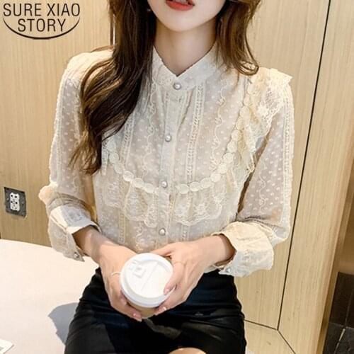 Causal Dot Shirt Tops Sweet Chiffon Blouse with Lace Women Tops 2021 Autumn Elegant Apricot Button Long Sleeve Shirts 16979