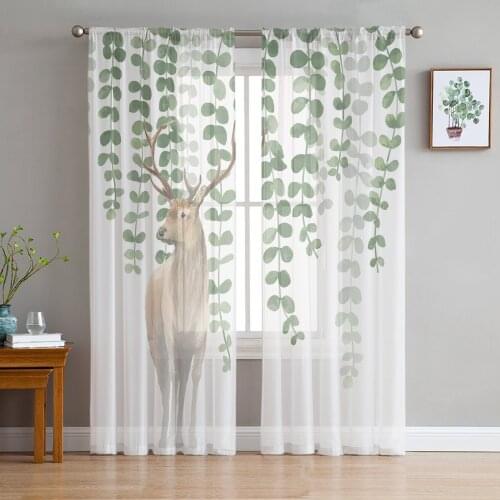 Animal Elk Watercolor Leaves Sheer Curtains for Living Room Bedroom Kitchen Tulle for Windows Voile Drapes Home Decoration