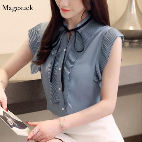 Plus Size Korean Sleeveless Women Tops New Summer Elegant Bow Tie Shirts Loose Solid Casual Ruffled Chiffon Blouse Women 9863